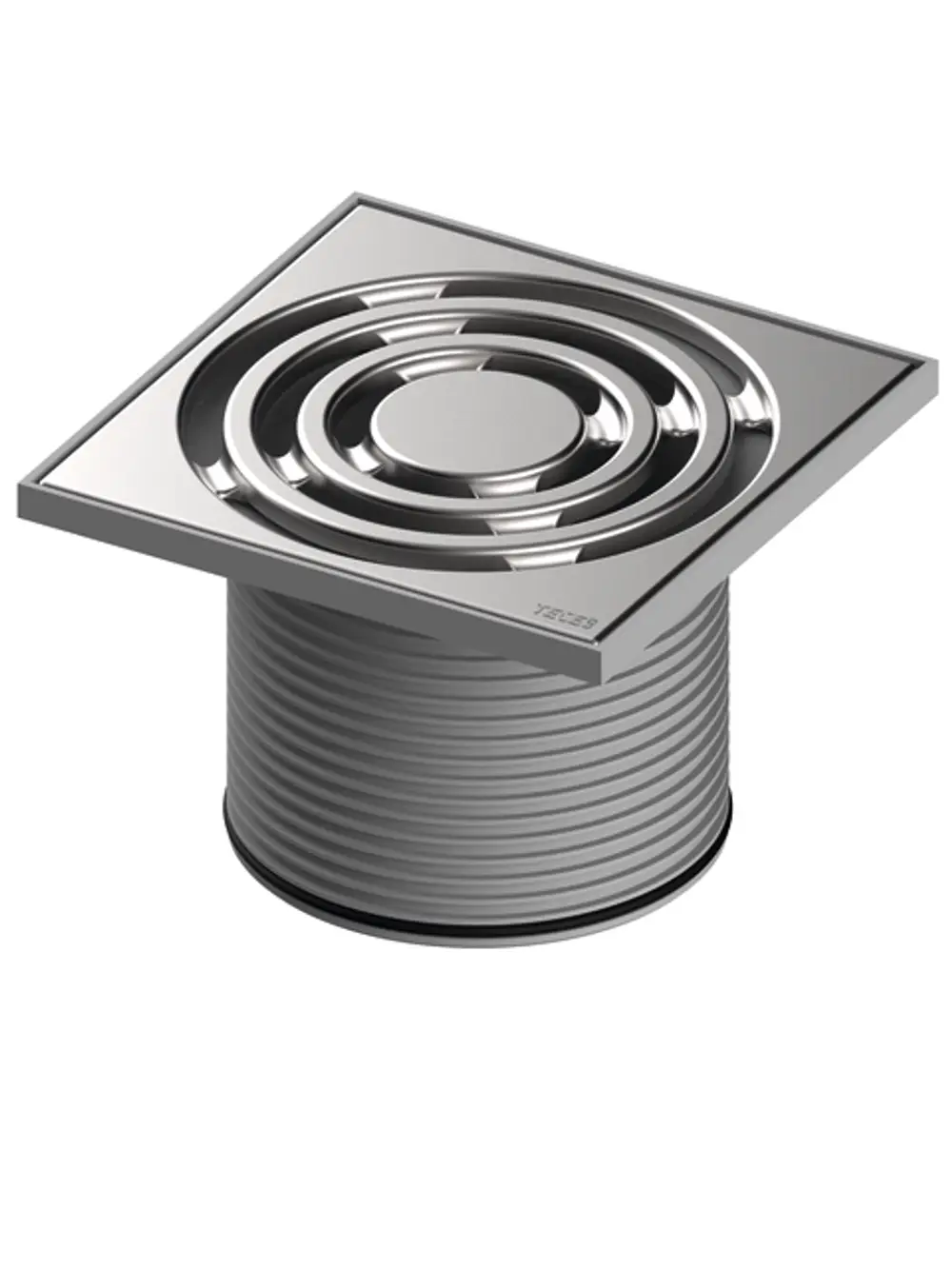 TECE-Rostrahmen mit einem spiralförmigen Design in Edelstahloptik, montiert auf einem zylindrischen, gerippten Kunststoffkörper.